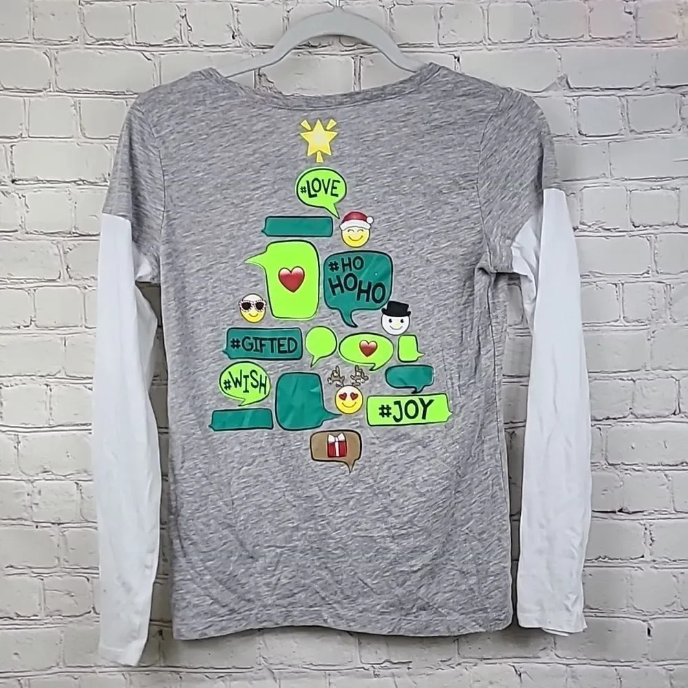 Justice Christmas Tree Girls 14 Emoji Text Bubble Holiday T-Shirt Gray Tee Shirt